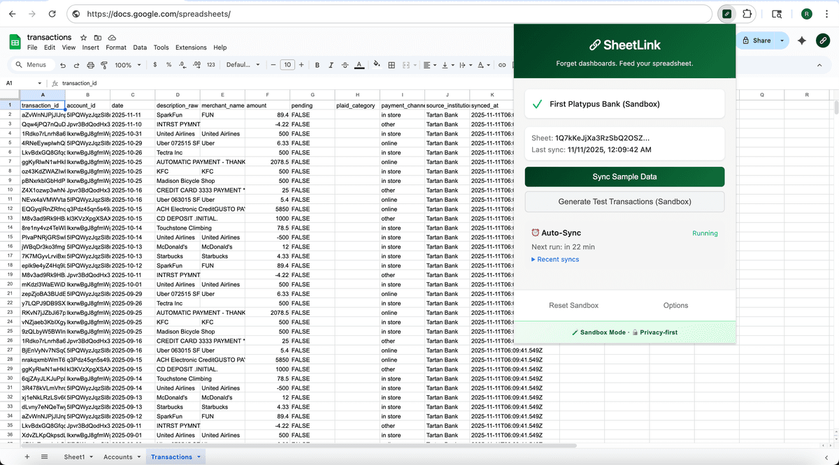 SheetLink connected to Plaid Sandbox and syncing transactions into Google Sheets